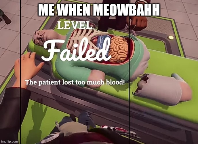 The patient lost to much blood! | ME WHEN MEOWBAHH | image tagged in the patient lost to much blood | made w/ Imgflip meme maker