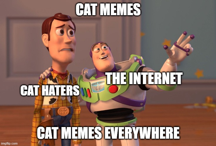 Cat memes everywhere | CAT MEMES; THE INTERNET; CAT HATERS; CAT MEMES EVERYWHERE | image tagged in memes,x x everywhere | made w/ Imgflip meme maker
