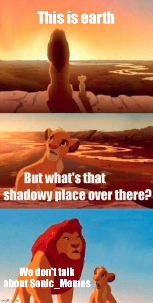 I am not accepted by the lions | This is earth; We don't talk about Sonic_Memes | image tagged in memes,simba shadowy place | made w/ Imgflip meme maker