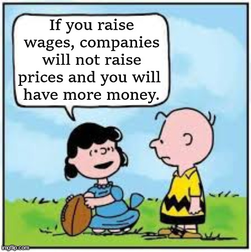 Another reason prices have risen. | If you raise wages, companies will not raise prices and you will 
have more money. | image tagged in charlie brown football,political meme | made w/ Imgflip meme maker