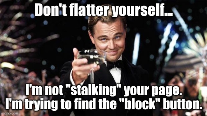 Gatsby toast  | Don't flatter yourself... I'm not "stalking" your page.
I'm trying to find the "block" button. | image tagged in gatsby toast,dont flatter yourself,stalking my page,ignore you without blocking you,narcissists,not stalking your page | made w/ Imgflip meme maker