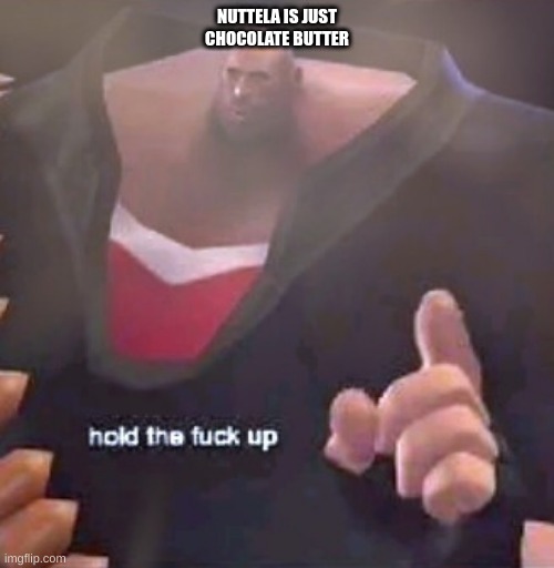 Hold the F@%K up Heavy | NUTTELA IS JUST CHOCOLATE BUTTER | image tagged in hold the f k up heavy | made w/ Imgflip meme maker