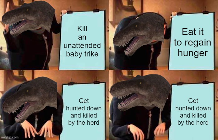 This is very true | Kill an unattended baby trike; Eat it to regain hunger; Get hunted down and killed by the herd; Get hunted down and killed by the herd | image tagged in memes,gru's plan | made w/ Imgflip meme maker