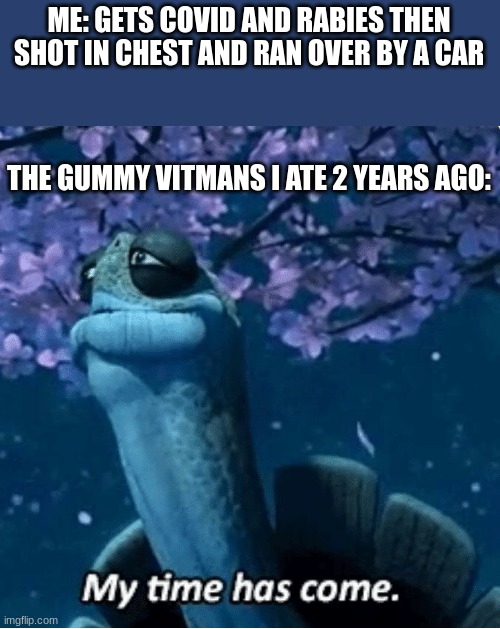 My Time Has Come | ME: GETS COVID AND RABIES THEN SHOT IN CHEST AND RAN OVER BY A CAR; THE GUMMY VITMANS I ATE 2 YEARS AGO: | image tagged in my time has come | made w/ Imgflip meme maker