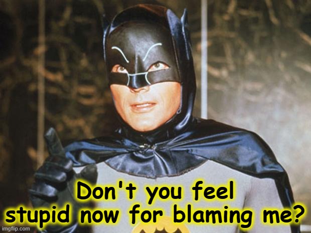 Blaming the Bat | Don't you feel stupid now for blaming me? | image tagged in batman-adam west,coronavirus,covid-19,memes,bats | made w/ Imgflip meme maker