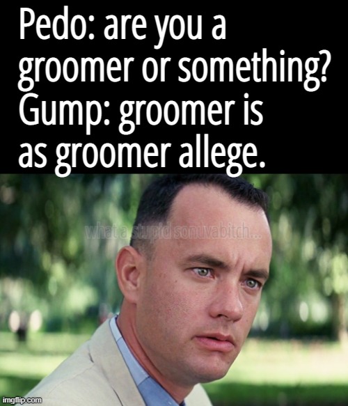 GROOMER IS AS GROOMER ALLEGE | Pedo: are you a
groomer or something?
Gump: groomer is
as groomer allege. what a stupid sonuvabitch... | image tagged in memes,and just like that,baseless claims,alt right,boogie man,what a stupid sonuvabitch | made w/ Imgflip meme maker