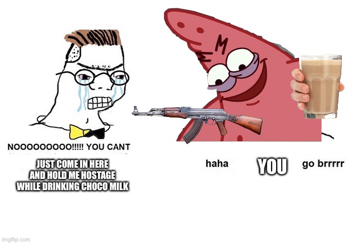 Haha [blank] go brrr | YOU; JUST COME IN HERE AND HOLD ME HOSTAGE WHILE DRINKING CHOCO MILK | image tagged in haha blank go brrr | made w/ Imgflip meme maker