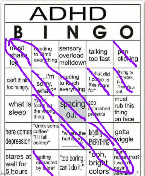 i dont have adhd but i still made le baguette | image tagged in adhd bingo,le french,bingo,baguette | made w/ Imgflip meme maker