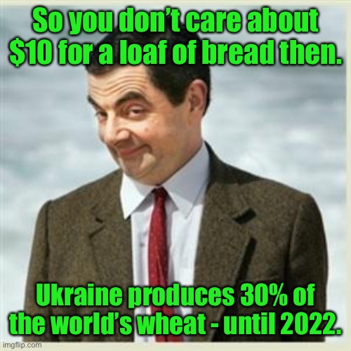 Mr Bean Smirk | So you don’t care about $10 for a loaf of bread then. Ukraine produces 30% of the world’s wheat - until 2022. | image tagged in mr bean smirk | made w/ Imgflip meme maker