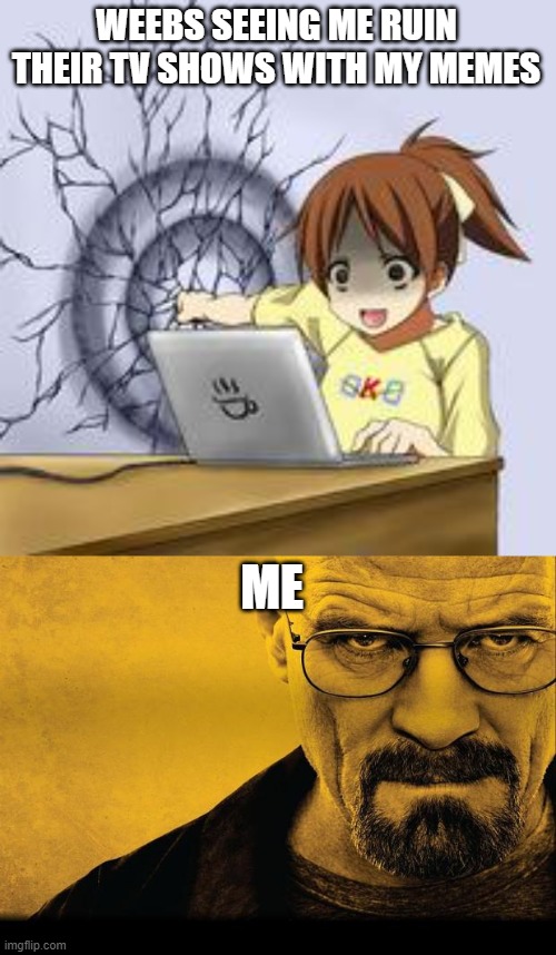 Breaking Bad replacing Anime 1 | WEEBS SEEING ME RUIN THEIR TV SHOWS WITH MY MEMES; ME | image tagged in anime wall punch,breaking bad | made w/ Imgflip meme maker