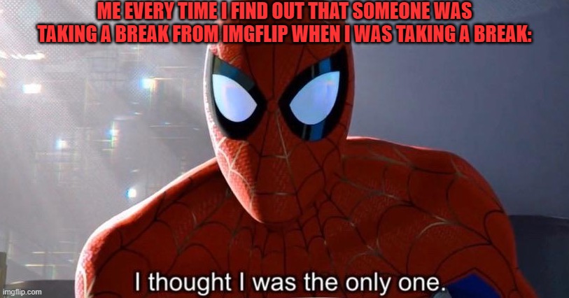 Small world, am I right? | ME EVERY TIME I FIND OUT THAT SOMEONE WAS TAKING A BREAK FROM IMGFLIP WHEN I WAS TAKING A BREAK: | image tagged in i thought i was the only one,spider-man,marvel,marvel comics,imgflip,imgflip users | made w/ Imgflip meme maker