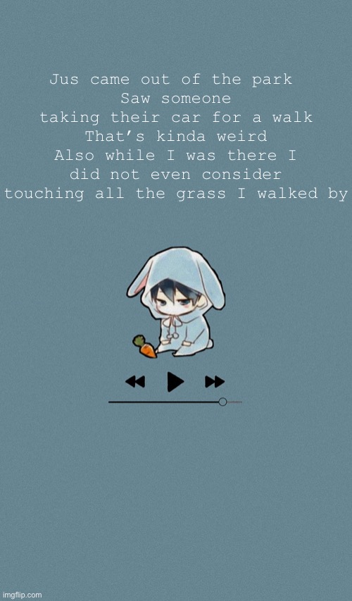 Doggos otaku music playlist announcement temp | Jus came out of the park 
Saw someone taking their car for a walk
That’s kinda weird
Also while I was there I did not even consider touching all the grass I walked by | image tagged in doggos otaku music playlist announcement temp | made w/ Imgflip meme maker