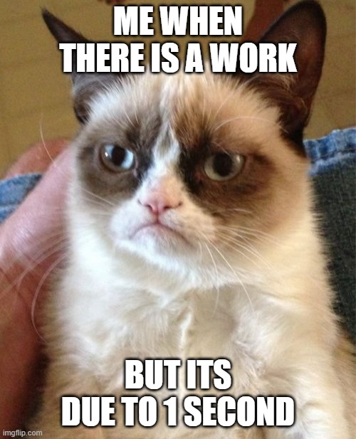 Grumpy Cat |  ME WHEN THERE IS A WORK; BUT ITS DUE TO 1 SECOND | image tagged in memes,grumpy cat | made w/ Imgflip meme maker