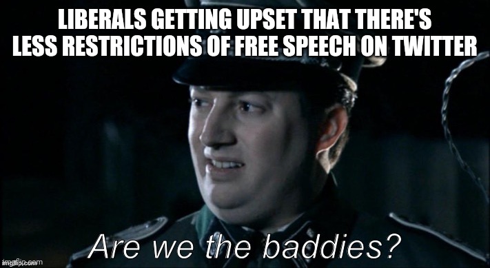 are we the baddies? | LIBERALS GETTING UPSET THAT THERE'S LESS RESTRICTIONS OF FREE SPEECH ON TWITTER | image tagged in are we the baddies | made w/ Imgflip meme maker