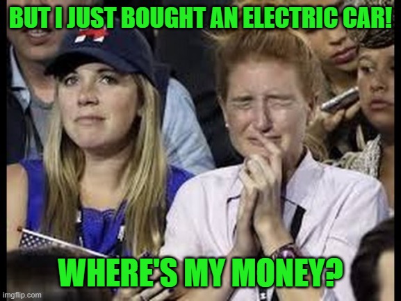 Crying liberals  | BUT I JUST BOUGHT AN ELECTRIC CAR! WHERE'S MY MONEY? | image tagged in crying liberals | made w/ Imgflip meme maker