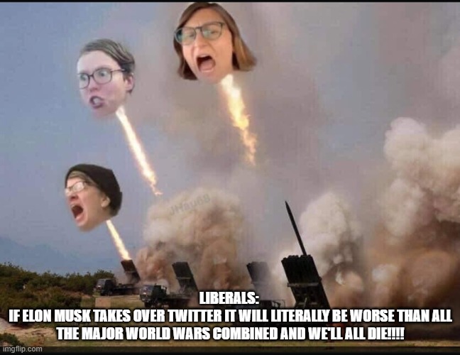 political | LIBERALS: 
IF ELON MUSK TAKES OVER TWITTER IT WILL LITERALLY BE WORSE THAN ALL THE MAJOR WORLD WARS COMBINED AND WE'LL ALL DIE!!!! | image tagged in politics | made w/ Imgflip meme maker