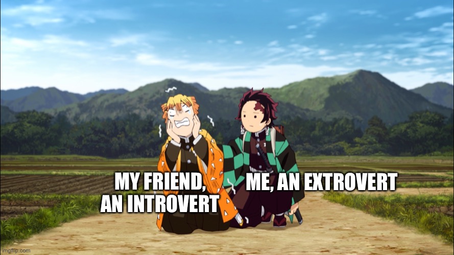 This show has the funniest frames | MY FRIEND, AN INTROVERT; ME, AN EXTROVERT | image tagged in demon slayer,introvert | made w/ Imgflip meme maker