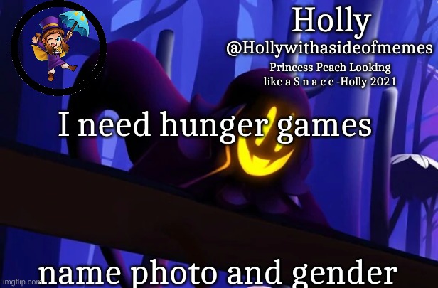 Holly Snatcher Template | I need hunger games; name photo and gender | image tagged in holly snatcher template | made w/ Imgflip meme maker