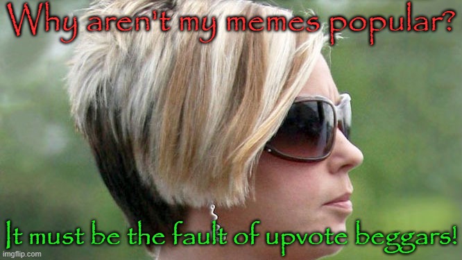 Have you tried making better memes? | Why aren't my memes popular? It must be the fault of upvote beggars! | image tagged in karen,blame,responsibility | made w/ Imgflip meme maker