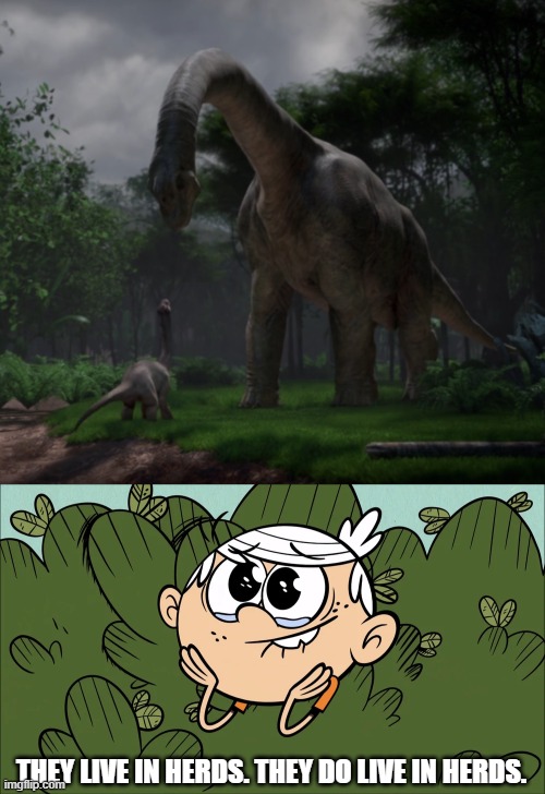 Lincoln Loud Meets Brachiosaurus |  THEY LIVE IN HERDS. THEY DO LIVE IN HERDS. | image tagged in loud house,jurassic park,jurassic world,dinosaurs,brachiosaurus,lincoln loud | made w/ Imgflip meme maker