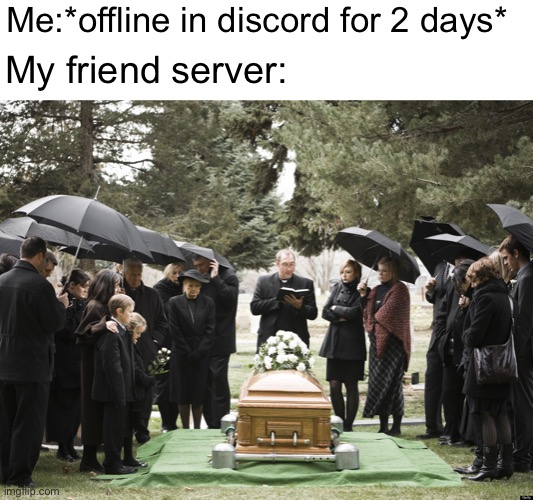 Funeral | Me:*offline in discord for 2 days*; My friend server: | image tagged in funeral | made w/ Imgflip meme maker