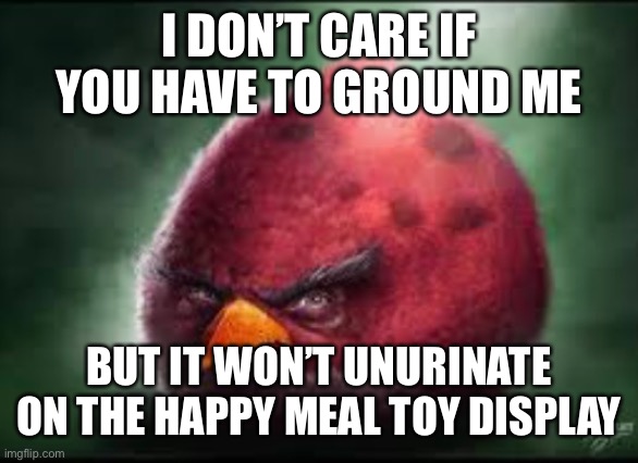 Angry Bird 3 | I DON’T CARE IF YOU HAVE TO GROUND ME; BUT IT WON’T UNURINATE ON THE HAPPY MEAL TOY DISPLAY | image tagged in angry birds,funny memes,funny,memes,cursed | made w/ Imgflip meme maker