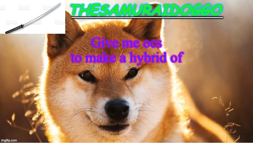 TheSamuraiDoggo's Temp (Thanks friend!) | Give me ocs to make a hybrid of | image tagged in thesamuraidoggo's temp thanks friend | made w/ Imgflip meme maker