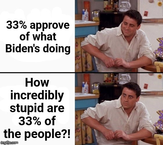 Comprehending Joey | 33% approve of what Biden's doing How incredibly stupid are 33% of
the people?! | image tagged in comprehending joey | made w/ Imgflip meme maker