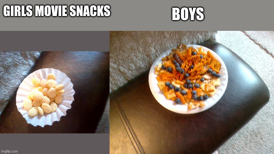BOYS; GIRLS MOVIE SNACKS | image tagged in boys vs girls | made w/ Imgflip meme maker