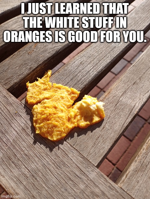 Not that bad, actually. | I JUST LEARNED THAT THE WHITE STUFF IN ORANGES IS GOOD FOR YOU. | image tagged in oranges,orange,white,eating,eat it | made w/ Imgflip meme maker