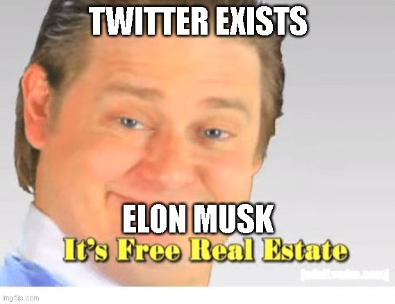 It's Free Real Estate | TWITTER EXISTS; ELON MUSK | image tagged in it's free real estate | made w/ Imgflip meme maker