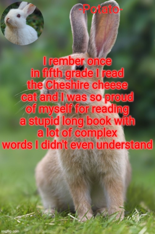 I was like ten or something I forgor | I rember once in fifth grade I read the Cheshire cheese cat and I was so proud of myself for reading a stupid long book with a lot of complex words I didn't even understand | image tagged in -potato- rabbit announcement | made w/ Imgflip meme maker