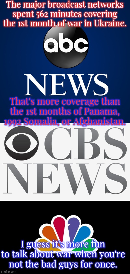Claiming moral superiority | The major broadcast networks spent 562 minutes covering the 1st month of war in Ukraine. That's more coverage than the 1st months of Panama, 1992 Somalia, or Afghanistan. I guess it's more fun to talk about war when you're not the bad guys for once. | image tagged in abc news,cbs news,nbc,what gives people feelings of power | made w/ Imgflip meme maker