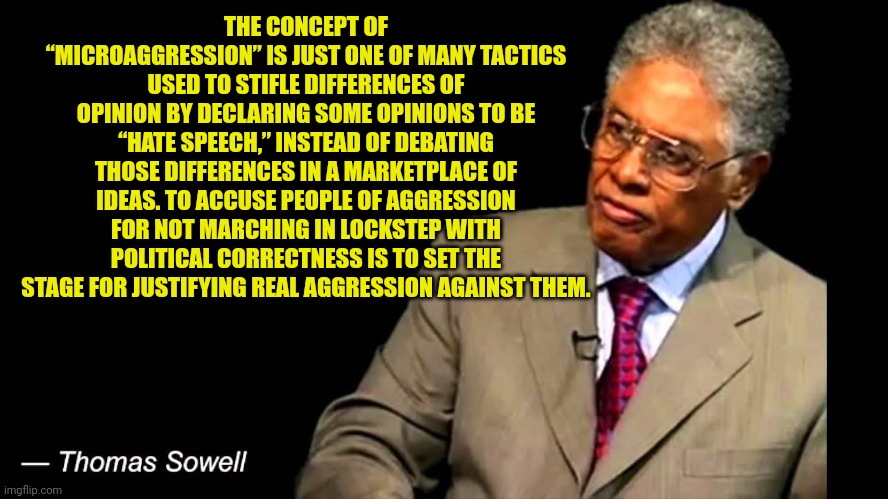 Thomas Sowell | THE CONCEPT OF “MICROAGGRESSION” IS JUST ONE OF MANY TACTICS USED TO STIFLE DIFFERENCES OF OPINION BY DECLARING SOME OPINIONS TO BE “HATE SP | image tagged in thomas sowell | made w/ Imgflip meme maker