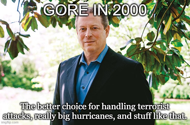 Revising the Presidential Campaign of 2000 [part four] | GORE IN 2000; The better choice for handling terrorist attacks, really big hurricanes, and stuff like that. | image tagged in al gore statue,george bush,time travel,conspiracy theory | made w/ Imgflip meme maker