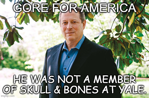 Revising the Presidential Campaign of 2000 [part five] | GORE FOR AMERICA; HE WAS NOT A MEMBER OF SKULL & BONES AT YALE. | image tagged in al gore statue,george bush,secret societies,conspiracy theory | made w/ Imgflip meme maker