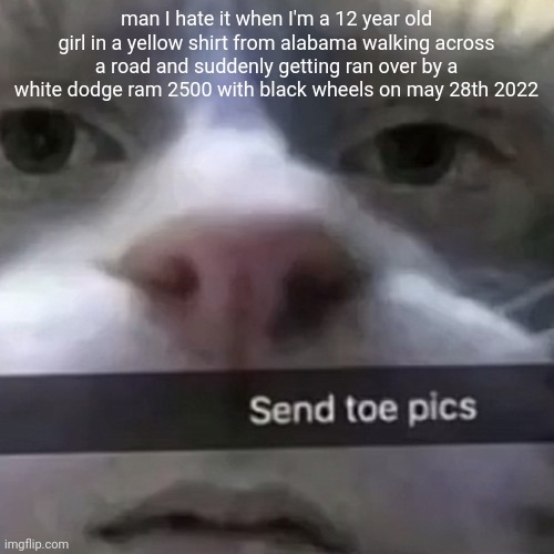 kat | man I hate it when I'm a 12 year old girl in a yellow shirt from alabama walking across a road and suddenly getting ran over by a white dodge ram 2500 with black wheels on may 28th 2022 | image tagged in kat | made w/ Imgflip meme maker