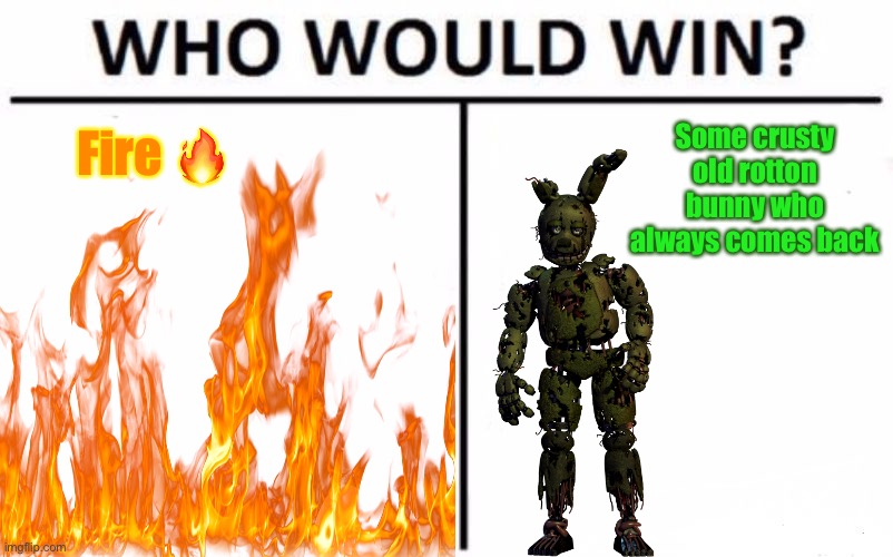 Who Would Win-? | Fire 🔥; Some crusty old rotton bunny who always comes back | image tagged in who would win,fnaf | made w/ Imgflip meme maker