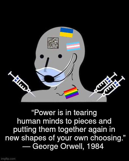 tearing human minds to pieces | “Power is in tearing human minds to pieces and putting them together again in
 new shapes of your own choosing.”
― George Orwell, 1984 | image tagged in npc | made w/ Imgflip meme maker