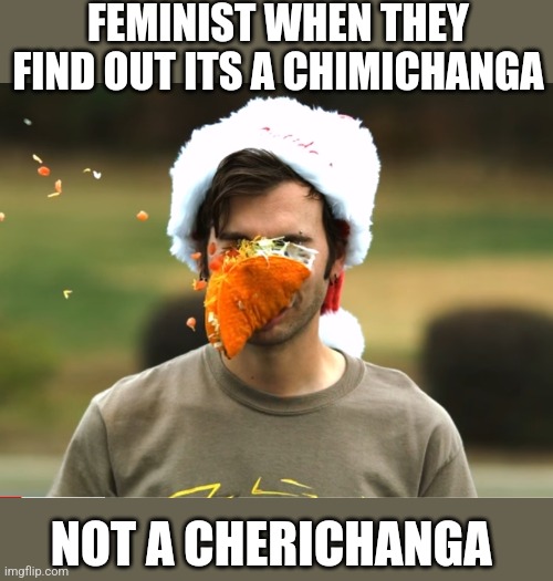 FEMINIST WHEN THEY FIND OUT ITS A CHIMICHANGA; NOT A CHERICHANGA | image tagged in funny memes | made w/ Imgflip meme maker