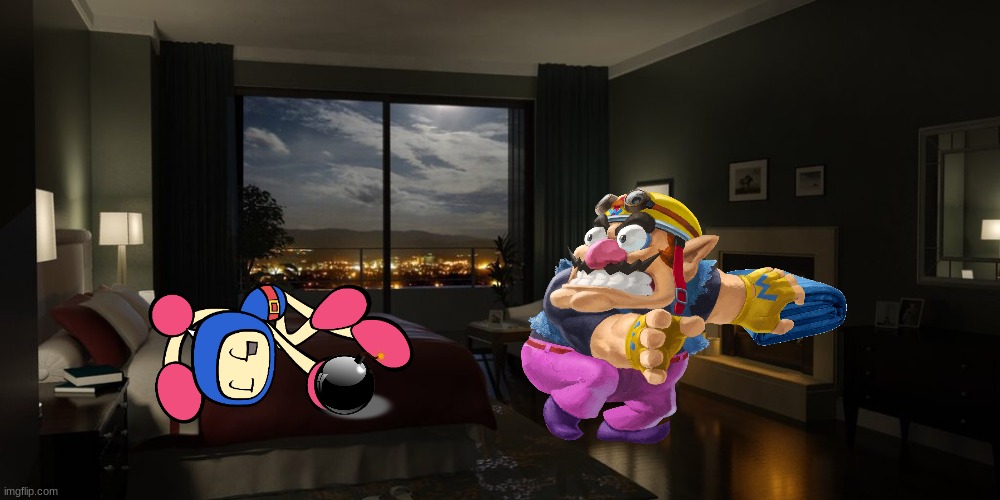 Wario tries to steal Blue Bomber's blanket and gets blown up by his bomb and dies.mp3 | image tagged in night bedroom,wario dies,wario,bomberman,blanket,bomb | made w/ Imgflip meme maker