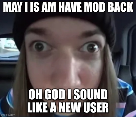 JimmyHere goofy ass | MAY I IS AM HAVE MOD BACK; OH GOD I SOUND LIKE A NEW USER | image tagged in jimmyhere eyebrow raise | made w/ Imgflip meme maker