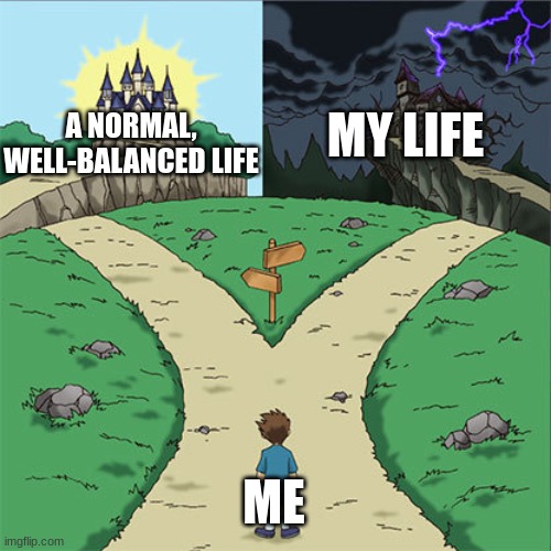 yeah nothing's gonna change any time soon... | MY LIFE; A NORMAL, WELL-BALANCED LIFE; ME | image tagged in two paths,depression sadness hurt pain anxiety | made w/ Imgflip meme maker