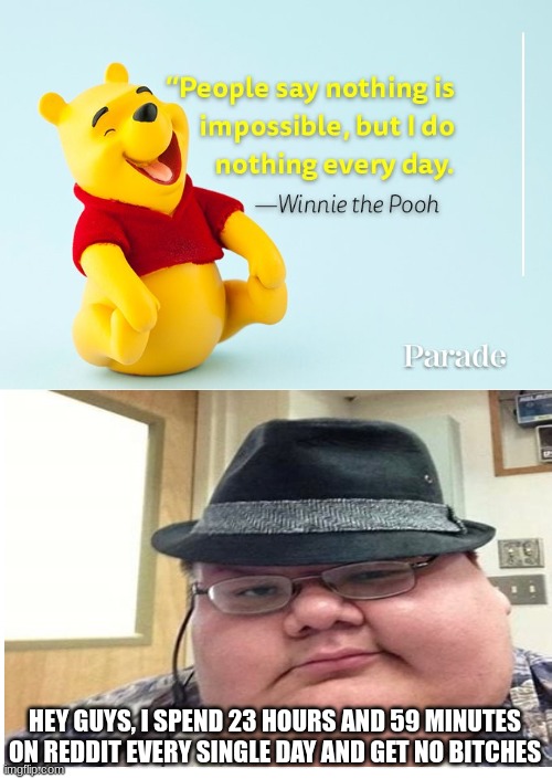 Is Winnie the Pooh a Discord Mod?? | HEY GUYS, I SPEND 23 HOURS AND 59 MINUTES ON REDDIT EVERY SINGLE DAY AND GET NO BITCHES | image tagged in winnie the pooh,discord,discord moderator,memes,reddit,funny | made w/ Imgflip meme maker
