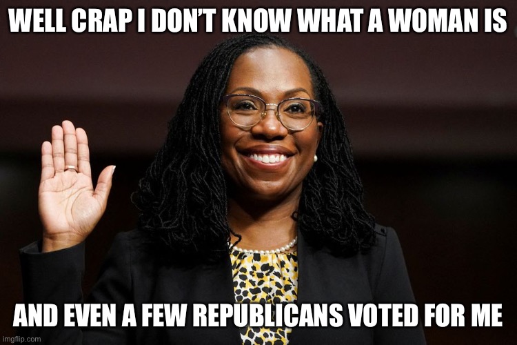 Ketanji Brown Jackson | WELL CRAP I DON’T KNOW WHAT A WOMAN IS AND EVEN A FEW REPUBLICANS VOTED FOR ME | image tagged in ketanji brown jackson | made w/ Imgflip meme maker