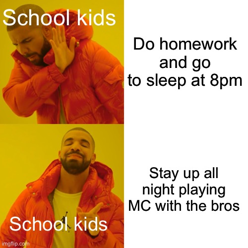 School kids belike: | School kids; Do homework and go to sleep at 8pm; Stay up all night playing MC with the bros; School kids | image tagged in memes,drake hotline bling,school,me and the boys at 3 am,playing,minecraft | made w/ Imgflip meme maker