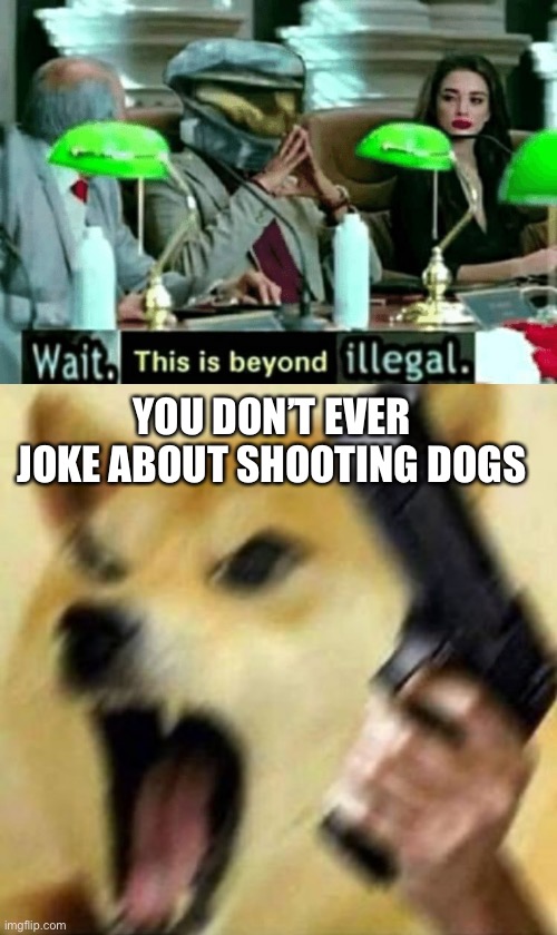 YOU DON’T EVER JOKE ABOUT SHOOTING DOGS | image tagged in wait this is beyond illegal,angry doge with gun | made w/ Imgflip meme maker