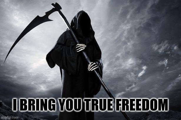 Death | I BRING YOU TRUE FREEDOM | image tagged in death | made w/ Imgflip meme maker