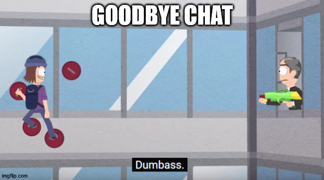 Dumbass | GOODBYE CHAT | image tagged in dumbass | made w/ Imgflip meme maker