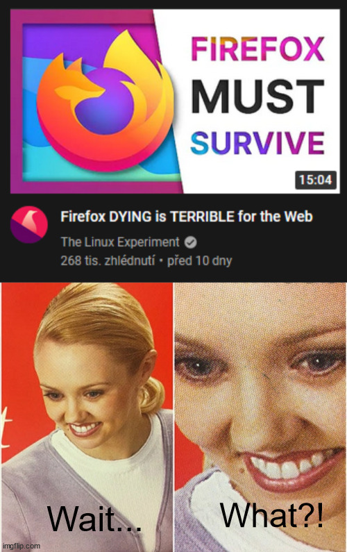 Firefox is dying?! | Wait... What?! | image tagged in wait what | made w/ Imgflip meme maker